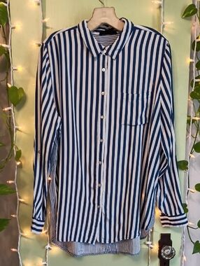 Women's Jane & Delancey Navy White Vertical Stripe Button Up & Back Blouse XL